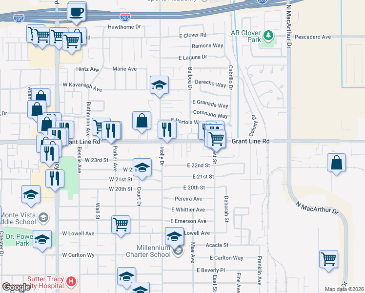 map of restaurants, bars, coffee shops, grocery stores, and more near 90 East Grant Line Road in Tracy