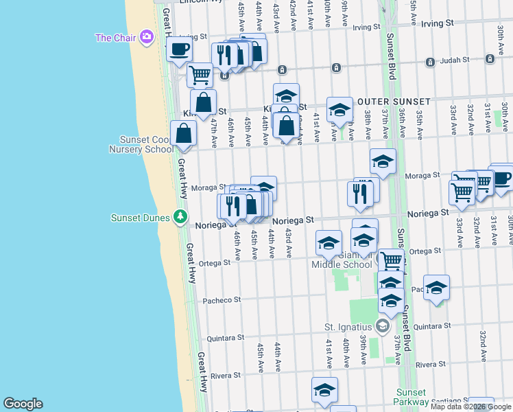 map of restaurants, bars, coffee shops, grocery stores, and more near 1754 45th Avenue in San Francisco