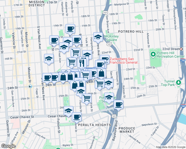 map of restaurants, bars, coffee shops, grocery stores, and more near in San Francisco