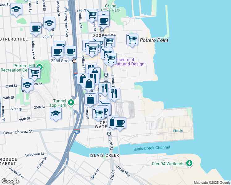 map of restaurants, bars, coffee shops, grocery stores, and more near 700 25th St in San Francisco