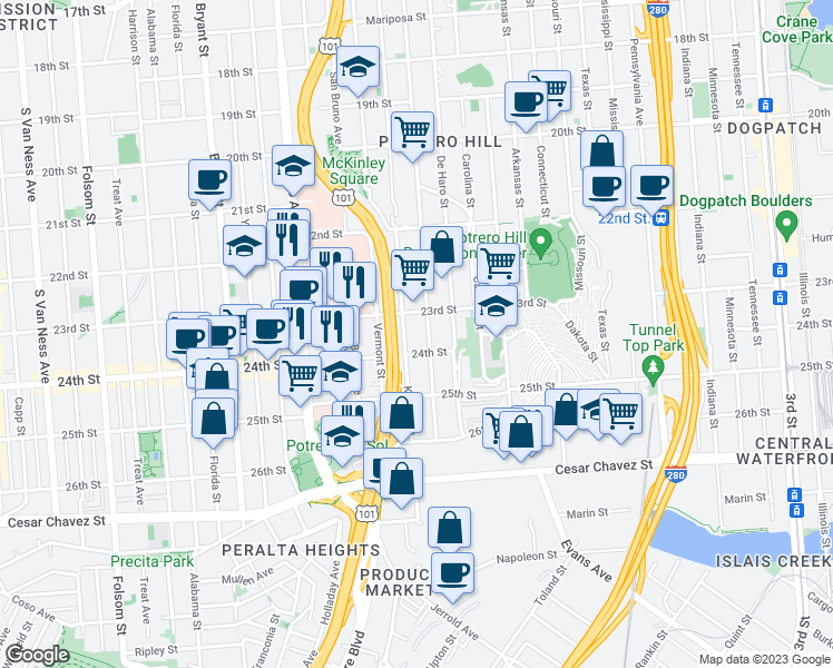 map of restaurants, bars, coffee shops, grocery stores, and more near 1287 Rhode Island Street in San Francisco
