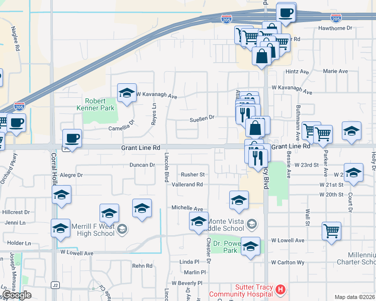 map of restaurants, bars, coffee shops, grocery stores, and more near 1263 Johnson Court in Tracy