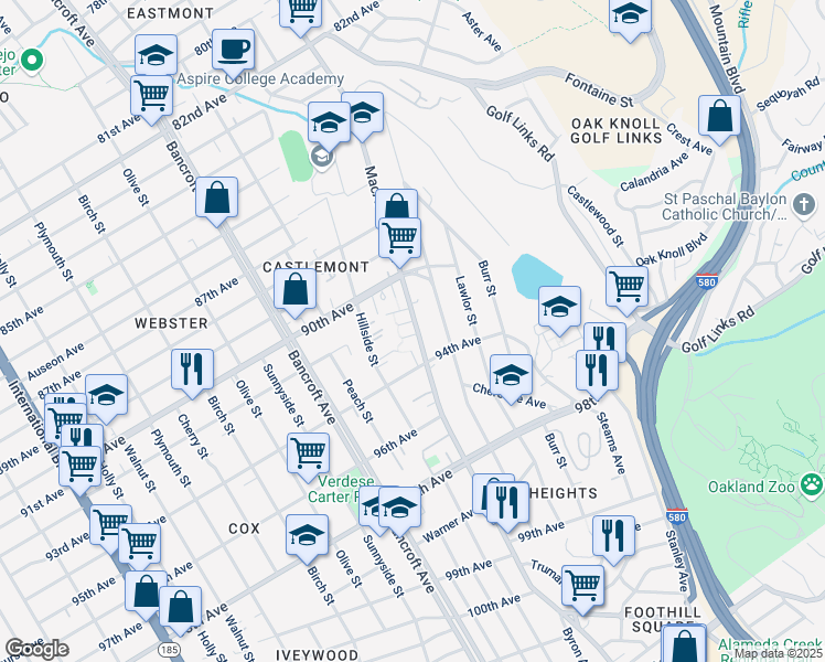 map of restaurants, bars, coffee shops, grocery stores, and more near 2497 Casa Court in Oakland