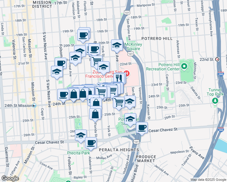 map of restaurants, bars, coffee shops, grocery stores, and more near in San Francisco