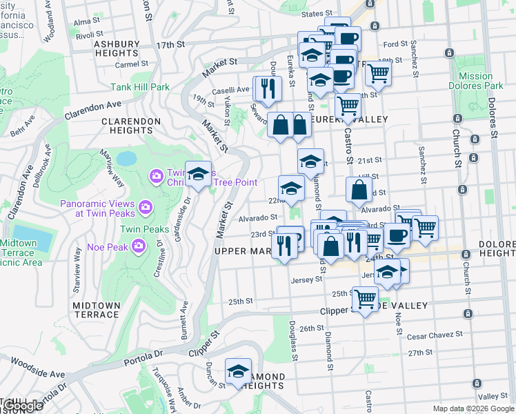map of restaurants, bars, coffee shops, grocery stores, and more near 884 Alvarado Street in San Francisco