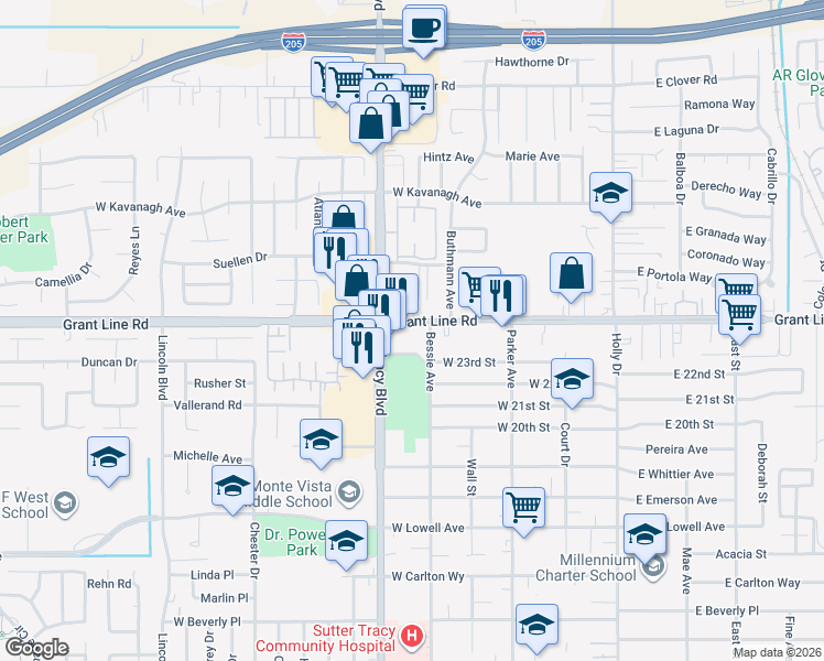 map of restaurants, bars, coffee shops, grocery stores, and more near 549 West 23rd Street in Tracy
