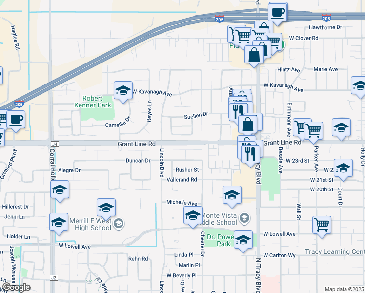 map of restaurants, bars, coffee shops, grocery stores, and more near 1258 Johnson Court in Tracy