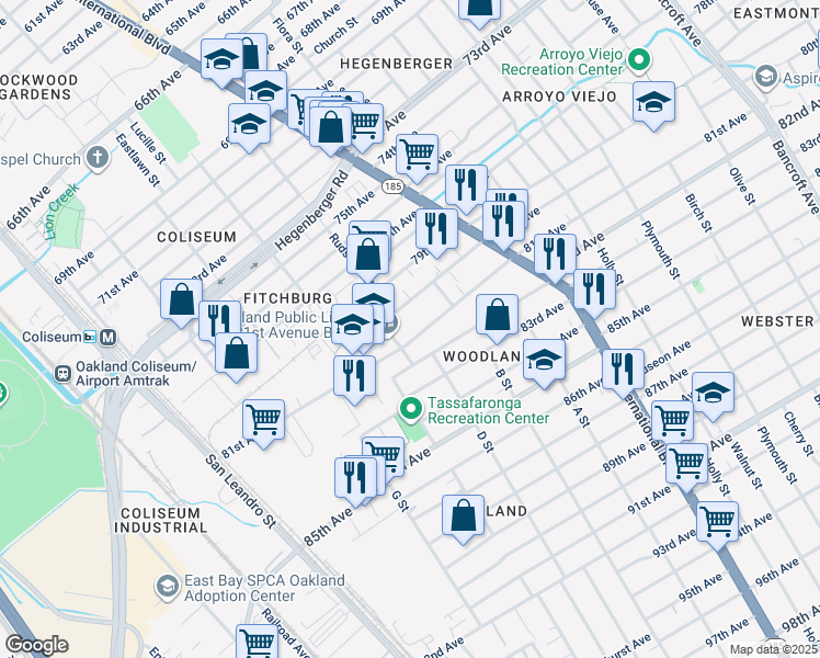 map of restaurants, bars, coffee shops, grocery stores, and more near 1081 82nd Avenue in Oakland