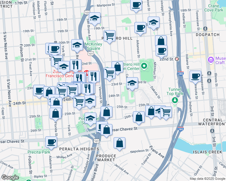map of restaurants, bars, coffee shops, grocery stores, and more near 1287 Rhode Island Street in San Francisco