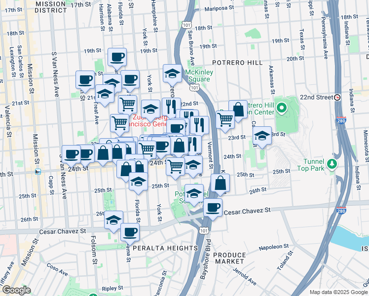 map of restaurants, bars, coffee shops, grocery stores, and more near in San Francisco