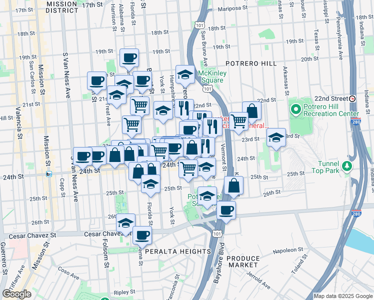 map of restaurants, bars, coffee shops, grocery stores, and more near in San Francisco
