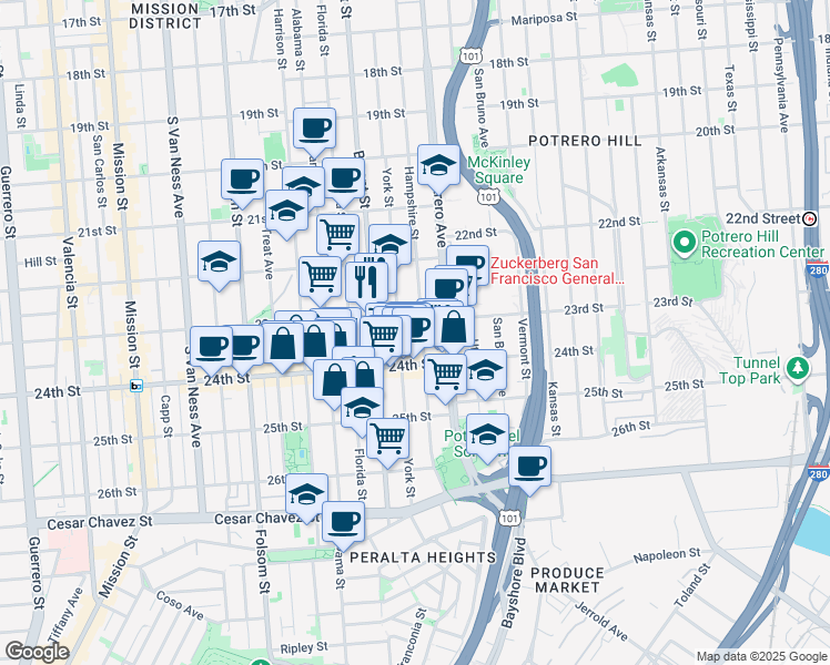 map of restaurants, bars, coffee shops, grocery stores, and more near in San Francisco