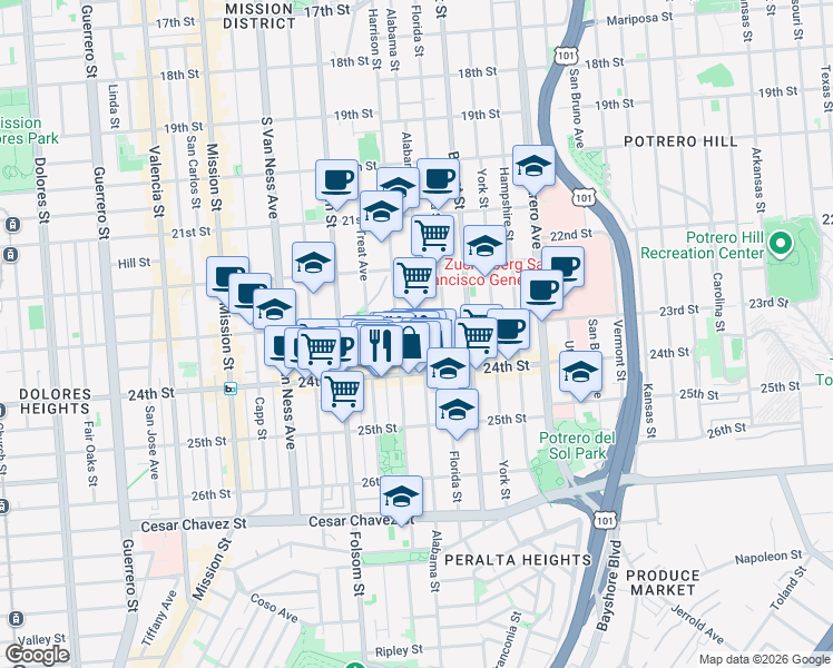 map of restaurants, bars, coffee shops, grocery stores, and more near in San Francisco