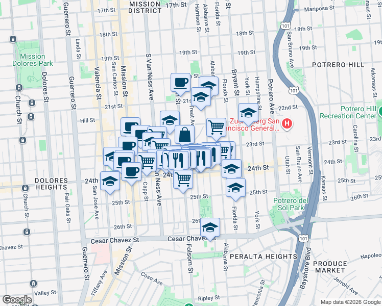 map of restaurants, bars, coffee shops, grocery stores, and more near 1040 Treat Avenue in San Francisco