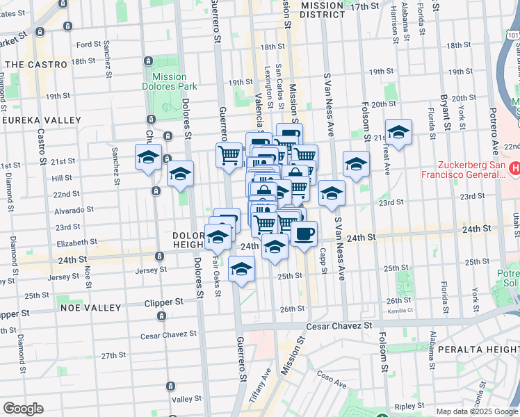 map of restaurants, bars, coffee shops, grocery stores, and more near 1184 Valencia Street in San Francisco
