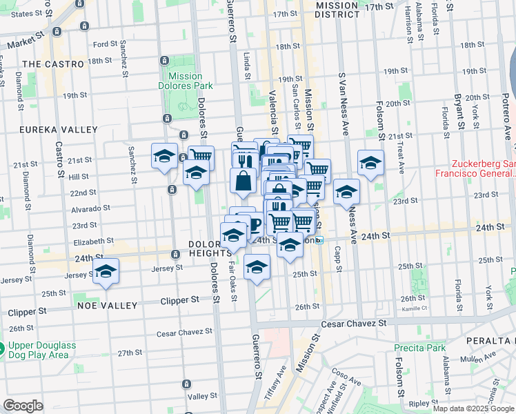 map of restaurants, bars, coffee shops, grocery stores, and more near 3555 23rd Street in San Francisco