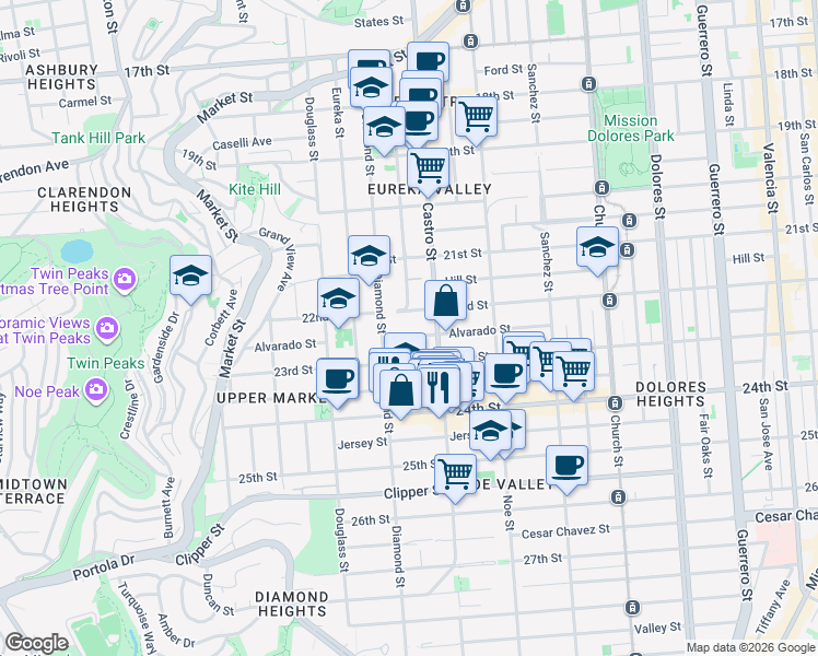 map of restaurants, bars, coffee shops, grocery stores, and more near 681 Alvarado Street in San Francisco