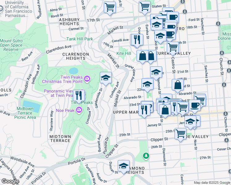 map of restaurants, bars, coffee shops, grocery stores, and more near 296 Grand View Avenue in San Francisco
