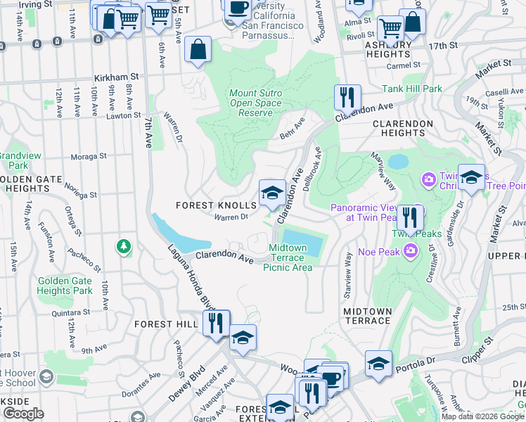 map of restaurants, bars, coffee shops, grocery stores, and more near 91 Warren Drive in San Francisco