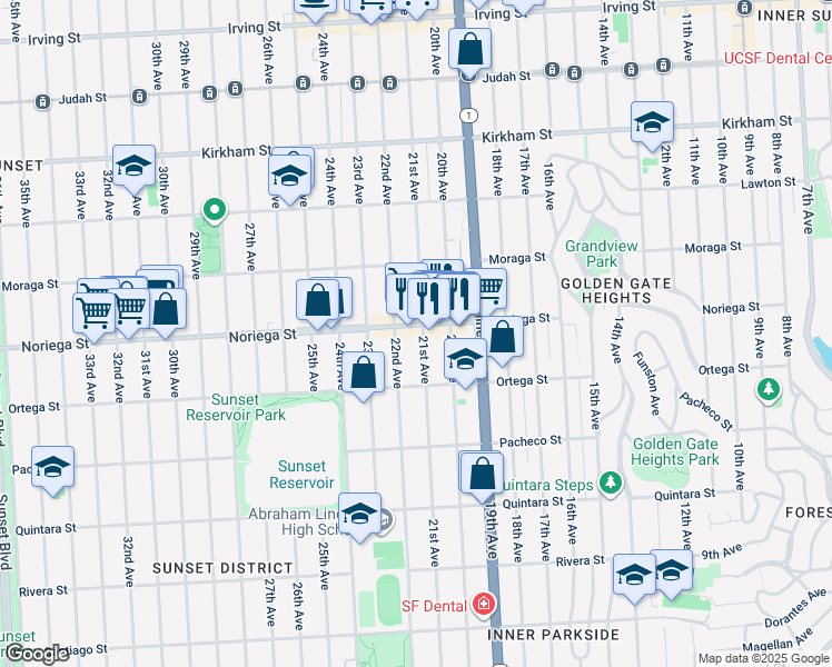 map of restaurants, bars, coffee shops, grocery stores, and more near 1828 22nd Avenue in San Francisco