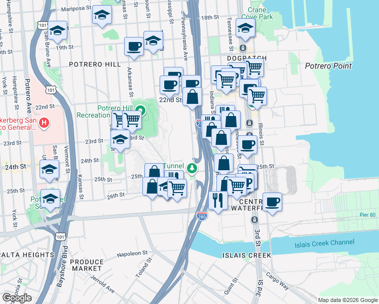 map of restaurants, bars, coffee shops, grocery stores, and more near 1000 Pennsylvania Avenue in San Francisco