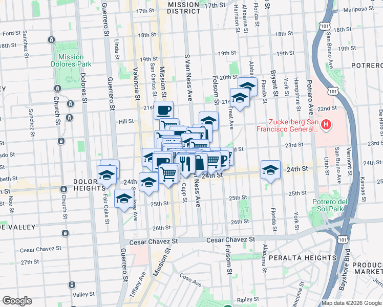 map of restaurants, bars, coffee shops, grocery stores, and more near 1218 South Van Ness Avenue in San Francisco