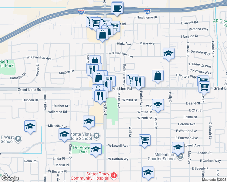 map of restaurants, bars, coffee shops, grocery stores, and more near 549 West 23rd Street in Tracy
