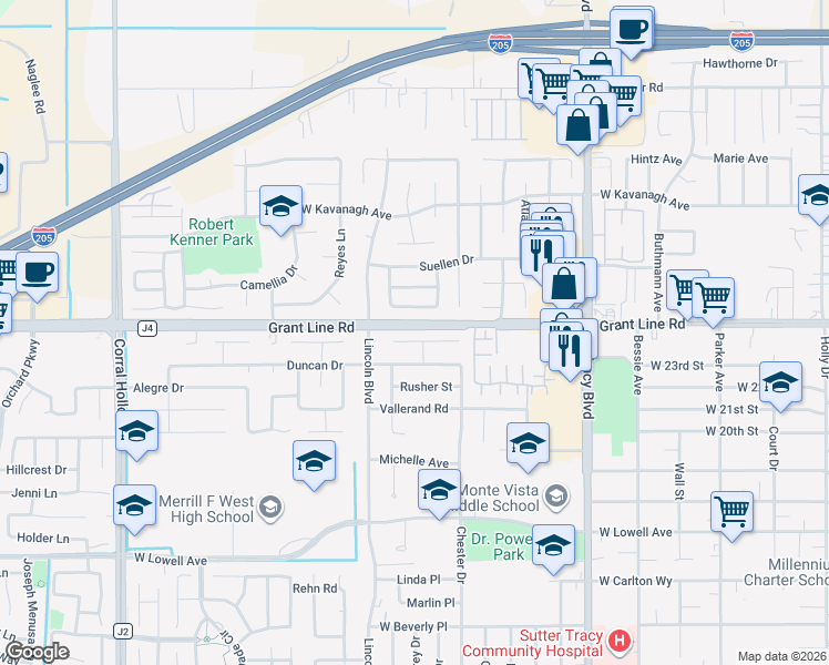 map of restaurants, bars, coffee shops, grocery stores, and more near 1263 Johnson Court in Tracy
