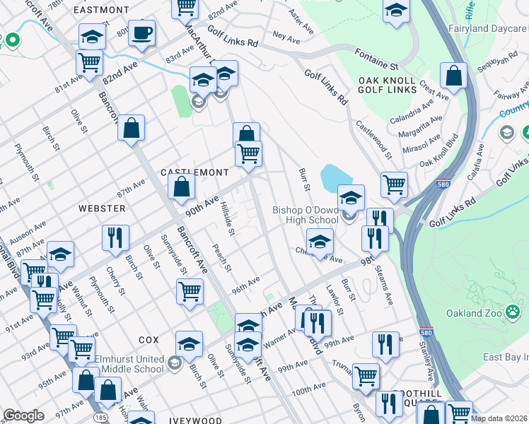 map of restaurants, bars, coffee shops, grocery stores, and more near 9240 MacArthur Boulevard in Oakland