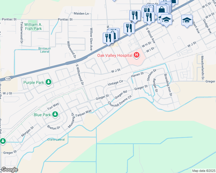 map of restaurants, bars, coffee shops, grocery stores, and more near 1847 Vintage Circle in Oakdale