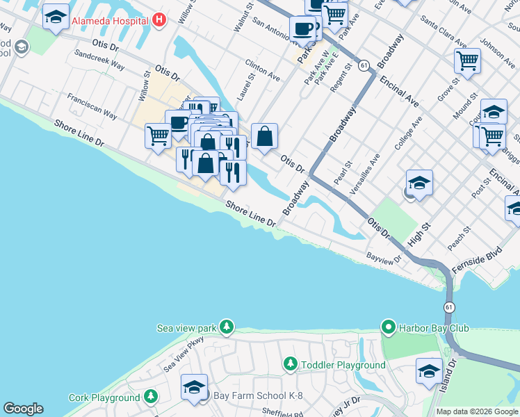 map of restaurants, bars, coffee shops, grocery stores, and more near 2465 Shore Line Drive in Alameda