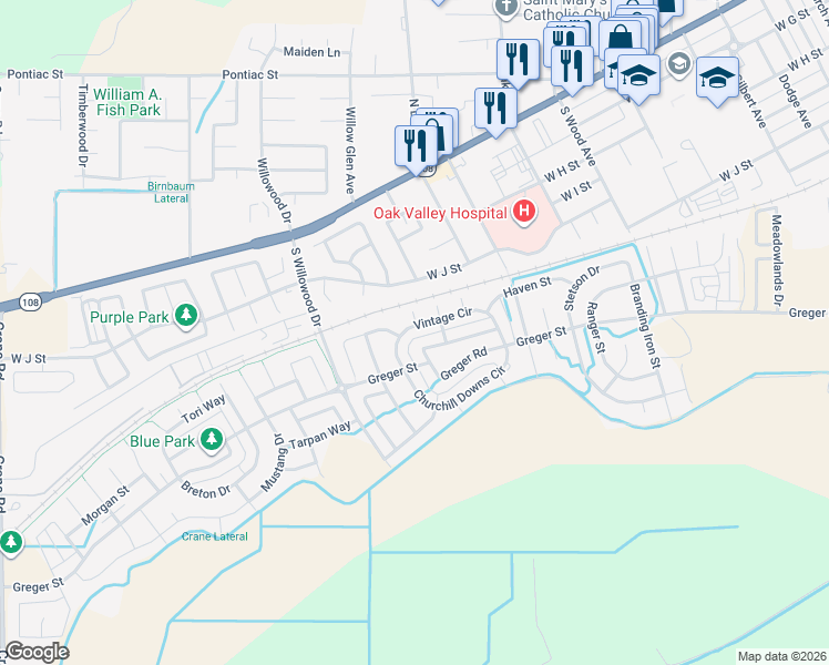map of restaurants, bars, coffee shops, grocery stores, and more near 1868 Parkside Way in Oakdale