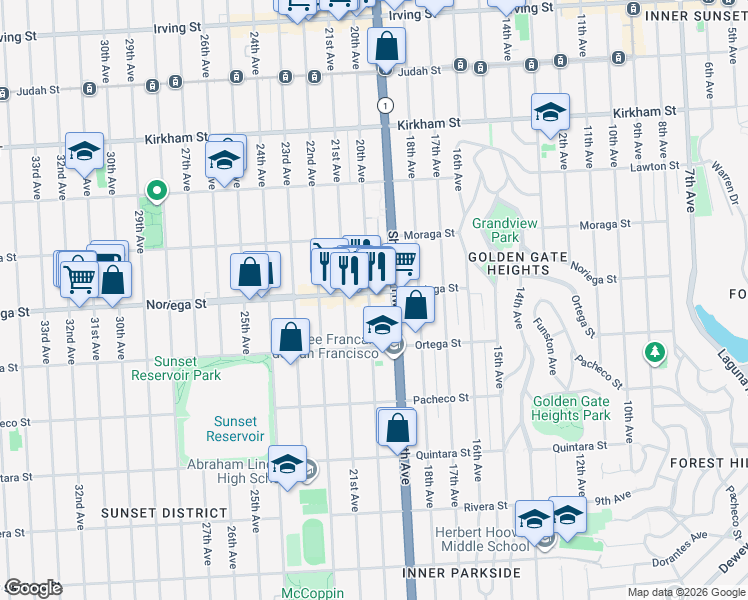 map of restaurants, bars, coffee shops, grocery stores, and more near 1800 20th Avenue in San Francisco