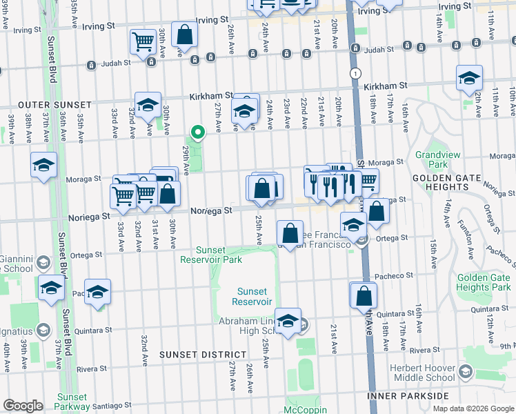 map of restaurants, bars, coffee shops, grocery stores, and more near Noriega St & 25th Ave in San Francisco