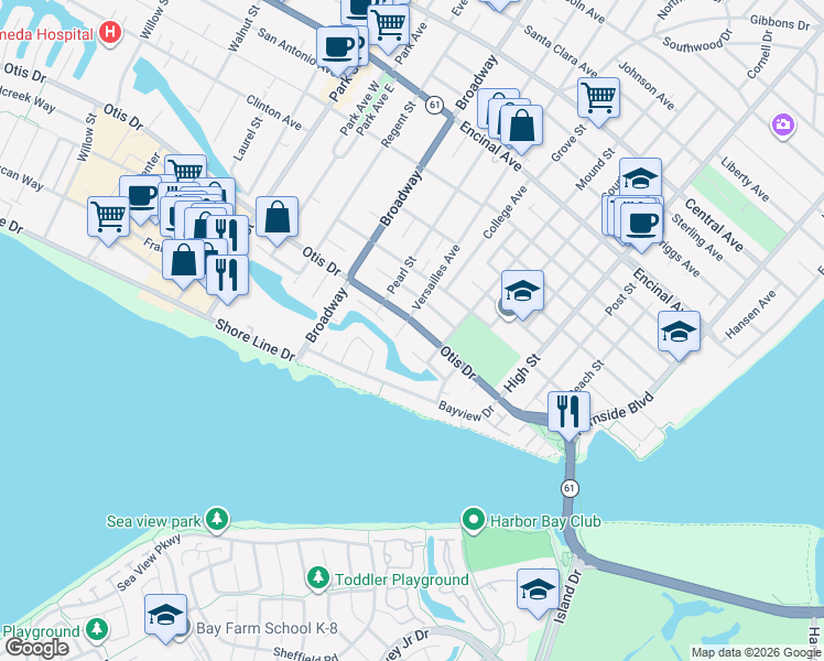 map of restaurants, bars, coffee shops, grocery stores, and more near 2804 Otis Drive in Alameda
