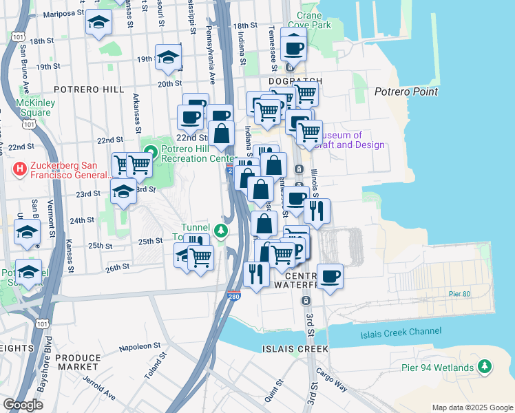 map of restaurants, bars, coffee shops, grocery stores, and more near Indiana Street in San Francisco