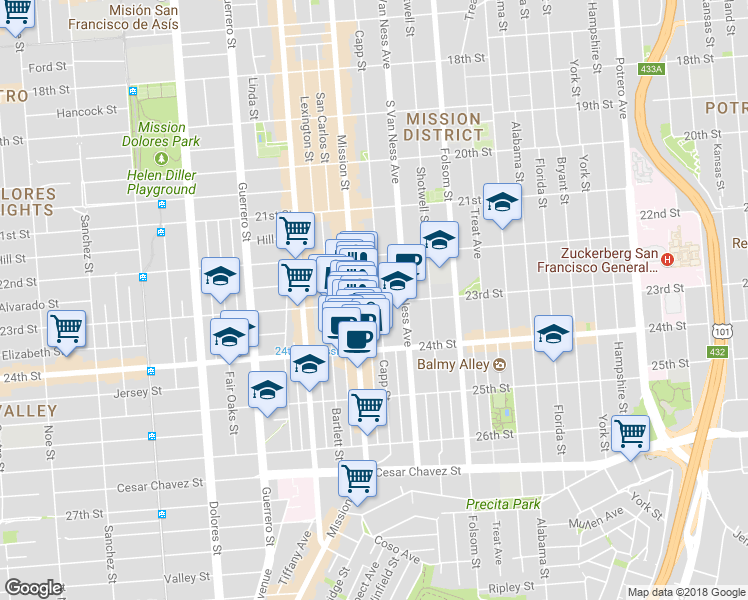 map of restaurants, bars, coffee shops, grocery stores, and more near 2738 Mission Street in San Francisco