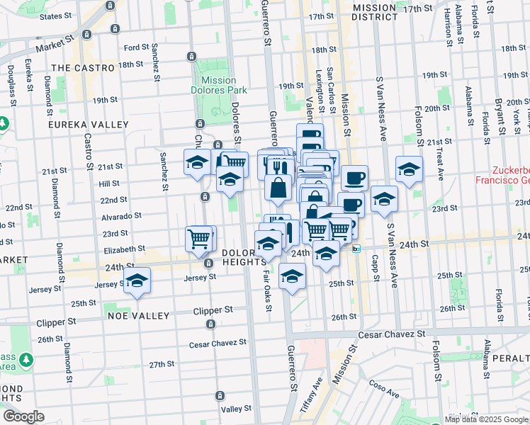 map of restaurants, bars, coffee shops, grocery stores, and more near 189 Fair Oaks Street in San Francisco