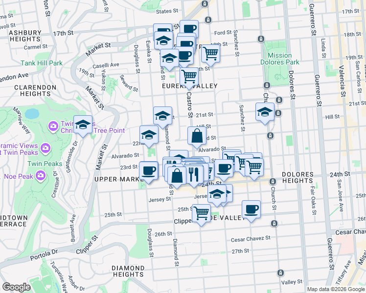 map of restaurants, bars, coffee shops, grocery stores, and more near 681 Alvarado Street in San Francisco