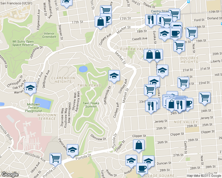 map of restaurants, bars, coffee shops, grocery stores, and more near 130 Gardenside Drive in San Francisco
