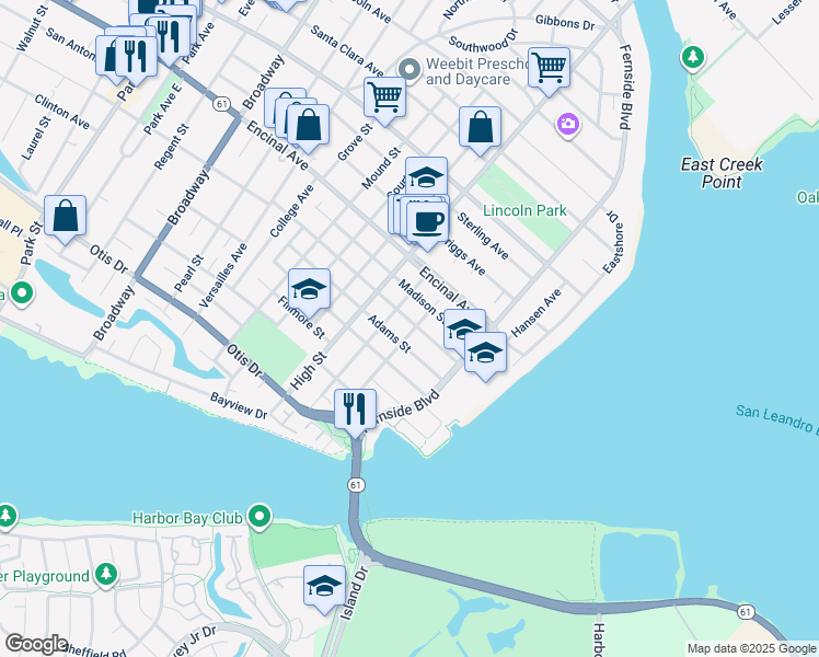 map of restaurants, bars, coffee shops, grocery stores, and more near 1147 Peach Street in Alameda