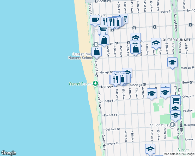 map of restaurants, bars, coffee shops, grocery stores, and more near 1767 48th Avenue in San Francisco