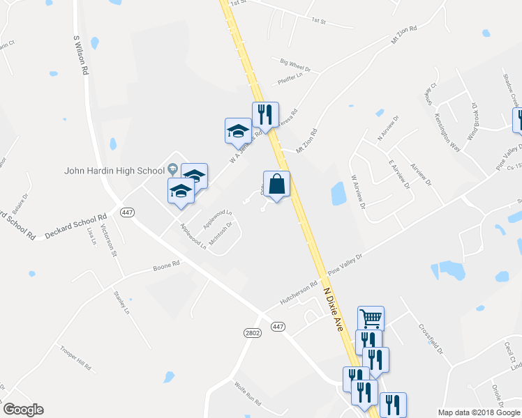 map of restaurants, bars, coffee shops, grocery stores, and more near 109 Cambridge Circle in Elizabethtown