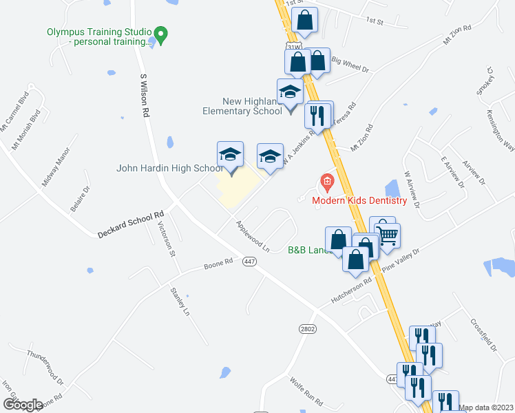 map of restaurants, bars, coffee shops, grocery stores, and more near Cortland Court in Elizabethtown