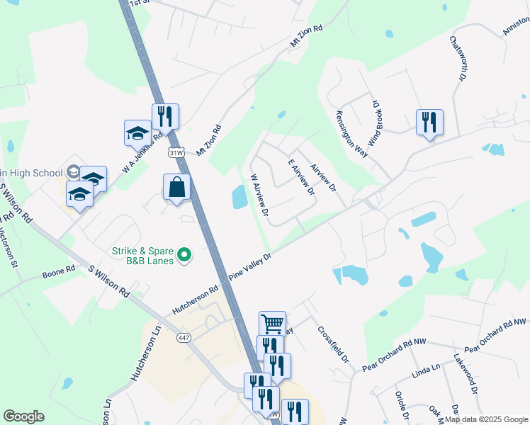 map of restaurants, bars, coffee shops, grocery stores, and more near 99 West Airview Drive in Elizabethtown