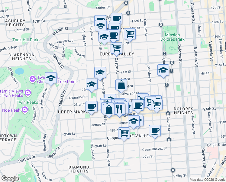 map of restaurants, bars, coffee shops, grocery stores, and more near 681 Alvarado Street in San Francisco