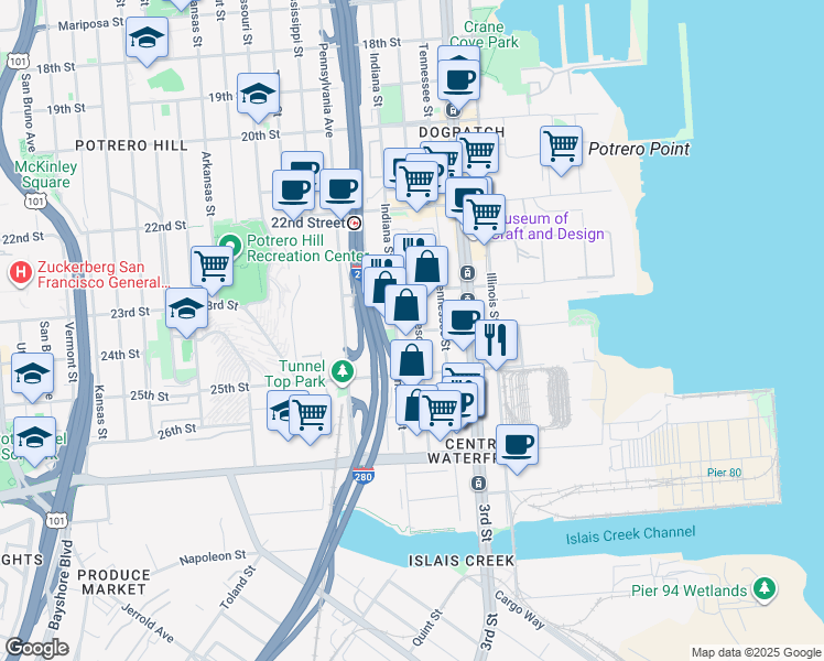 map of restaurants, bars, coffee shops, grocery stores, and more near 1280 Minnesota Street in San Francisco