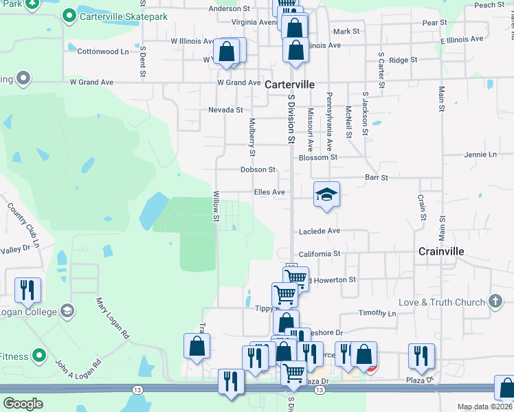 map of restaurants, bars, coffee shops, grocery stores, and more near 902 Mulberry Street in Carterville