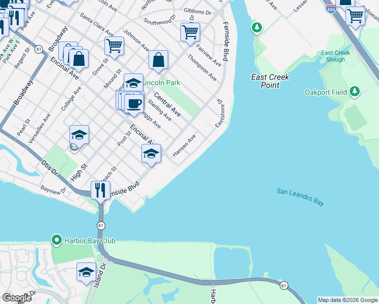 map of restaurants, bars, coffee shops, grocery stores, and more near 1349 Eastshore Drive in Alameda