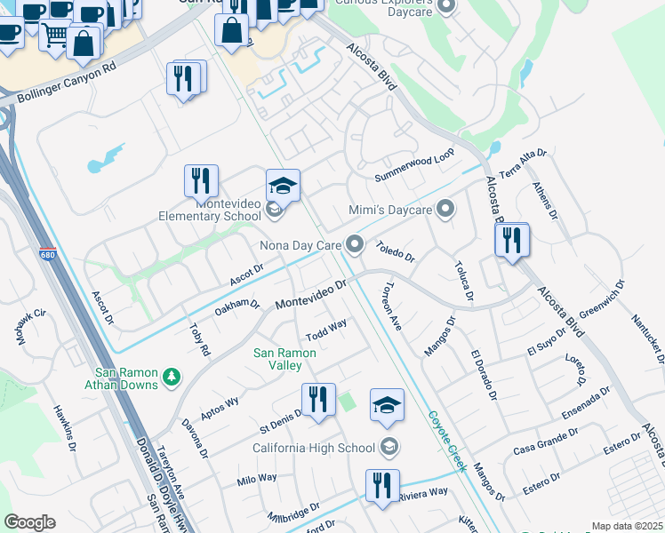 map of restaurants, bars, coffee shops, grocery stores, and more near 10034 Foxboro Circle in San Ramon